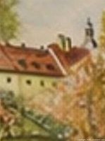 Detail of building with red roof and church steeple from one painting