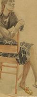 Lower half of seated figure with chair and sandals