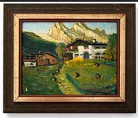 Full view of framed alpine landscape painting showing frame and artwork