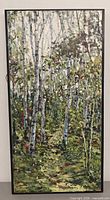 Full view of framed oil painting showing entire birch forest scene