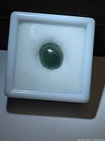 Green oval jadeite cabochon in display box, top view