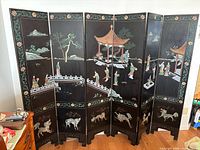Full view six-panel screen showing painted garden scene