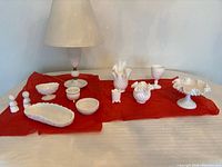 Group shot showing all milk glass pieces and lamp