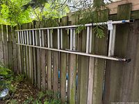 Full view of ladder hung horizontally on wooden fence