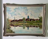 Full view of framed painting showing village scene and reflection