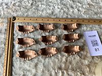 Nine cup pulls aligned beside rulers for scale
