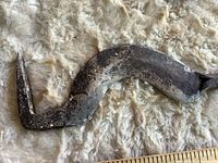 Curved forged iron hook bar detail with ruler for scale