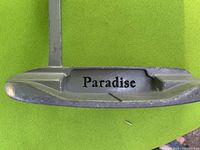 Close view of putter back showing "Paradise" cavity stamp and wear