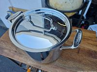 Pot with lid on, overall view showing stainless finish and perforated strainer section
