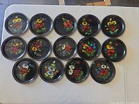 All 14 plates laid out on table showing full set