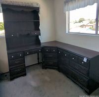 overall view of desk, corner dresser and three-drawer dresser arranged in L-shape