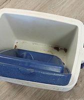 Interior of cooler showing removable divider and stains