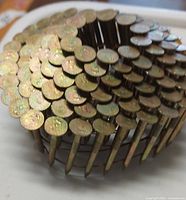 Close view of individual coil showing nail heads and collated wire