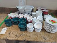 Full lot showing plates, ramekins, lobster bowls, gravy boats, serving bowl on stand, round platter, lidded casserole