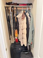 Closet view showing coats, umbrellas, canes, suitcases