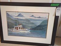 Full view of framed watercolor showing subject, matting and frame
