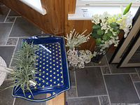 Overall lot showing tray, vases and faux flowers