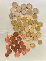 Overview of all copper, brass and bimetallic Euro coins laid out