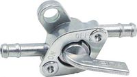 Top view of metal in-line fuel valve showing lever and barbed fittings