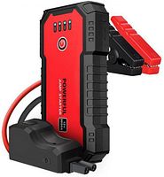 Front view of red/black 901 Series jump starter with attached booster cables and clamps