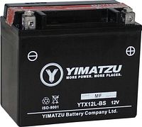 Front view of Yimatzu YTX12L-BS battery showing branding and terminals