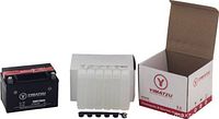 Battery, acid pack, vent strip and box group shot