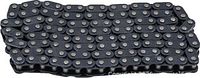 Top view of black steel drive chain showing overlapping 110 links