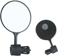 Front and rear views of both round mirrors showing reflective face and mounting mechanism