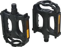 Two black composite platform pedals angled to show side reflectors and spindle threads