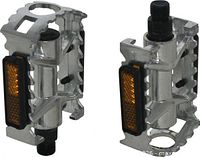 Pair of pedals angled view showing reflectors and spindle threads