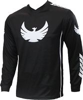 Front view of black PHX Helios long-sleeve jersey with white phoenix logo and side stripes
