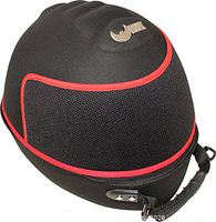 Front-side view of black hard-shell helmet bag with red trim showing PHX logo