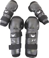 Front view showing two knee-shin pads and two elbow-forearm pads with hard shells and logo