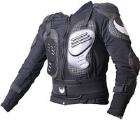 Front view of black PHX TuffSkin armored jacket showing chest, shoulder and arm plates
