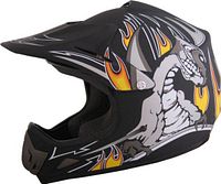 Left front view of flat black Phoenix Zone 3 Nightmare Youth XL helmet showing visor, chin guard and graphics