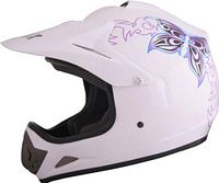 Left front view of gloss white Phoenix Zone 3 Youth XL helmet with visor and butterfly graphic