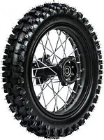 Angled side view of assembled rim and knobby tire