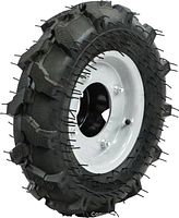 Full side view of tire showing tread and rim