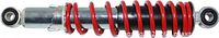 Full view of shock absorber showing silver body, black sleeve, red spring and both eye mounts