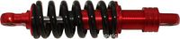 Side view of red aluminum shock absorber with black spring