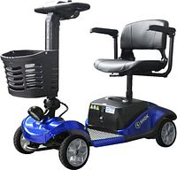 Front three-quarter view showing blue body, basket, seat, wheels