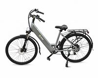 Right-side profile of matte silver SHOK Nova step-through e-bike showing frame, battery, motor, suspension fork, rack, fenders