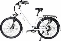 Left side profile of assembled white SHOK Nova e-bike showing frame, rear rack, suspension fork, fenders, disc brakes