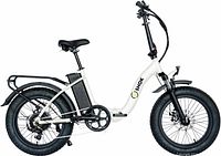 Side profile of SHOK Pulsar folding fat-tire step-through eBike showing frame, battery, suspension fork, rack, and tires