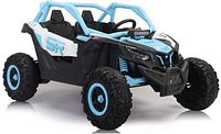 Front-side view of blue/black SHOK SideKick ride-on showing body, wheels, roll cage