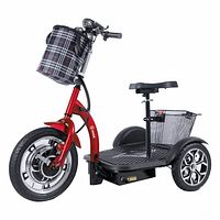 Red 3-wheel Shock Mobility Zappy Li scooter front left view with baskets and sport seat