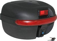 Front view of black scooter trunk showing red reflector and lock