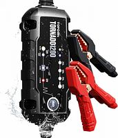 Topdon Tornado1200 charger with red and black clamps, water splash graphic