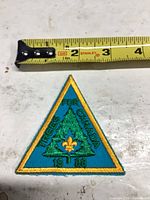 Front of triangular patch next to tape measure showing size