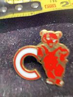 Front view of enamel bear holding letter C pin